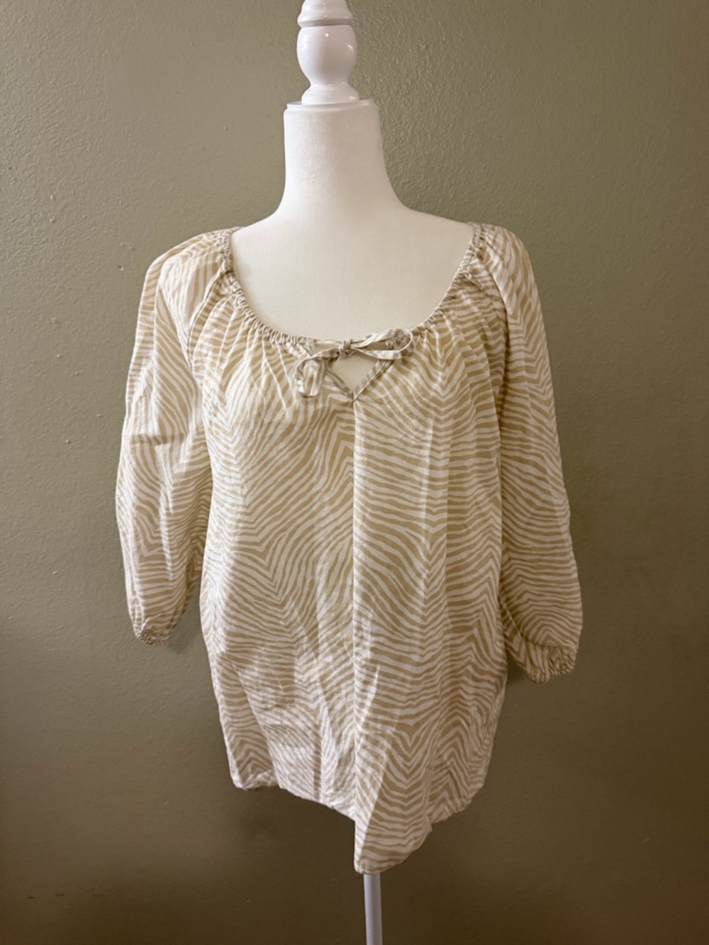 Saks Fifth Avenue Tan & White Zebra Print Tie-Neck Blouse - Size XL